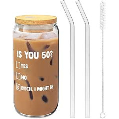50th Birthday Soda Jar for Women - Is You 50?, 20 oz with Bamboo Lid and Glass Straw Aesthetic 50th Birthday Gift for Mom, Wife, Grandma - 50th Birthday Decorations