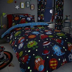 Happy Linen Company Kinder Bettwäsche-Set - Weltall-Motiv mit Monstern & Planeten - leuchtet im Dunkeln - Wendbar - Blau - Einzelbett