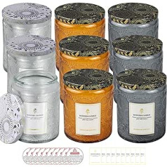 Embossed Glass Candle Jars, Containers with Can Lids and Candle Label, Warning Sign for Candle Making, Crafts, Pack of 9 (Mix)