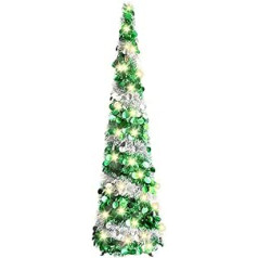 Mākslīgi salokāmas vizulis Ziemassvētku eglītes ar gaismām 5 pēdu uznirstošais zīmulis Ziemassvētku eglītes mirdzošas, mirdzošas Ziemassvētku eglītes ar statīvu (zaļš sudrabs)