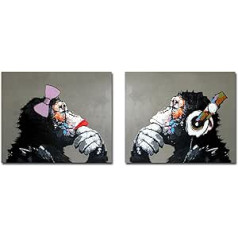 Fokenzary handgemaltes Ölgemälde auf Leinwand Pop Art Gorilla-Pärchen beim Musikhören Wanddekoration gerahmt fertig zum Aufhängen drobė 24x32inx2vnt.