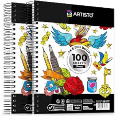 Artisto 22.9 x 30.5 cm Premium Sketchbook Set, Spiral Bound, 2 Pieces, 200 Sheets (100 g/m²), Acid Free Drawing Paper, Ideal for Kids, Teens and Adults