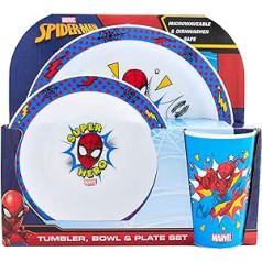 Marvel Pop Spider rinkinys iš 3 daugkartinių PP lėkščių, dubenėlio ir puodelio vaikiškų superherojų stalo įrankių rinkinys, skirtas maitinimui namuose, šventėms ar iškyloms nuo 24 mėnesių, polipropilenas, mėlynas