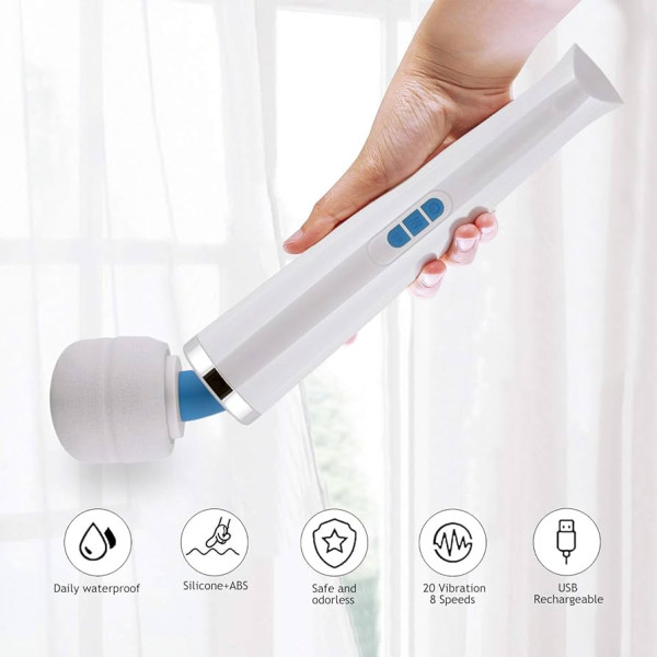 Magic Wand Massage Stick, James Love silikona bezvadu ārstnieciskais rokas masieris ar 20 intensīvas vibrācijas režīmiem, sienas masāža ķermenim, kaklam, pleciem, mugurai, USB uzlādējams (balts)