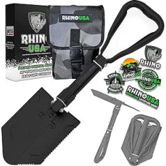 RHINO USA Folding Shovel with Hoe as Survival Equipment - Heavy Duty Carbon Steel Folding Shovel German Army Style for Terrain, Camping, Gardening, Beach, Shoveling Soil, Mud and Snow