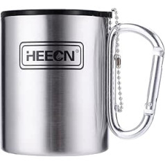 HEECN® HESS-032BBK Carabiner Mug with Lid - Camping Mug - Stainless Steel Mug - Thermal Coffee Mug - Double-Walled Insulated Mug BPA-Free HESS-032BBK 330 ml with Sealed Drinking Lid