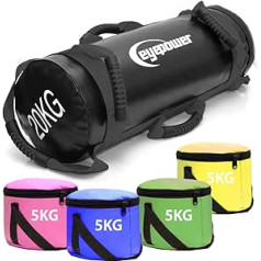 EYEPOWER 20 kg Power Bag + 4 Kettlebell atsvari - pildīti ar dzelzs smiltīm - labāk nekā ierīces: 6 rokturu fitnesa smilšu maiss mājām - 20 x 60 cm svara maisiņš mājas treniņiem - vēdera un muguras trenažieris