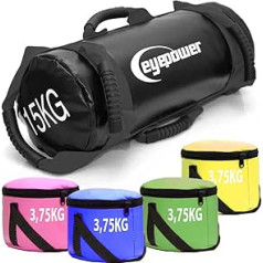 EYEPOWER 15 kg Power Bag + 4 Kettlebell atsvari - pildīti ar dzelzs smiltīm - labāk nekā ierīces: 6 rokturu fitnesa smilšu maiss mājām - 18 x 50 cm svara maisiņš mājas treniņiem - vēdera un muguras trenažieris