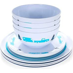 Camco Teal Life is Better at The Campsite 12-Piece Dishware Set, Blue Retro Trailer and Logo Design, Includes Plates and Bowls, Perfect for RVing and Camping, Melamine (53296)