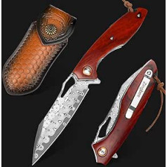 Zingbee Damask Pocket Knife with Belt Clip, VG10 Damascus Steel Blade, EDC Folding Knife with Wooden Handle, Damascus Knife One-Handed Knife for Outdoor, Hiking, Camping, Collection, Hunting, Fishing