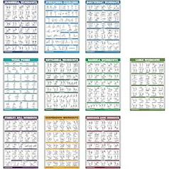 10 paka — vingrojumu plakātu komplekts — troses iekārta, hanteles, balstiekārta, tējkanna, pretestības lentes, stiepšanās, ķermeņa svars, stienis, jogas pozas, vingrošanas bumba (lamināta, 18 x 27 collas)