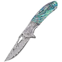 Joa Shell Pocket Knife Damascus Folding Knife Damascus Knife Sharp Damascus Steel Made of Knife Outdoor Knife Survival Hunting Knife Camping Hiking Knife Foldable Practical Knife Rainbow