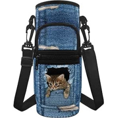 Renewold Wasserflaschenträger, niedlicher Denim-Katzen-Druck, Flaschenhalter, Wasserflaschenhülle, Tragetasche, Zubehör, für Wandern, Reisen, Camping, Tasche für Handy, Schlüssel, Karten