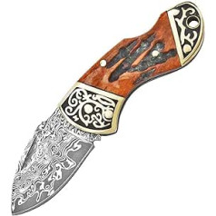 Joa Damascus Pocket Knife Small Damascus Knife Sharp for Camping Hiking Folding Knife Practical Outdoor Knife Survival Hunting Knife with Bone and Brass