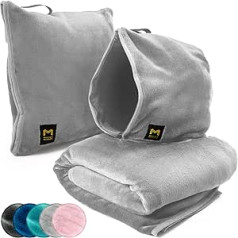 MasterManner Travel Blanket Aeroplane Compact with Hoodie - 2-in-1 Aeroplane Travel Accessories from Airplane Blanket to Travel Pillow with Luggage Strap, Soft Grip & Secure Bag - Light Grey