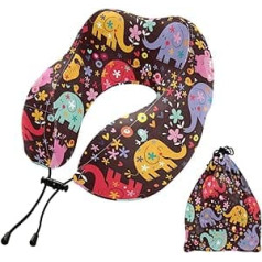 MCHIVER Elephant Flowers Neck Pillow for Sleeping Memory Foam Travel Pillow with Storage Bag Adjustable Soft Head Neck Support Pillow for Travel Camping Plane Travel Essentials