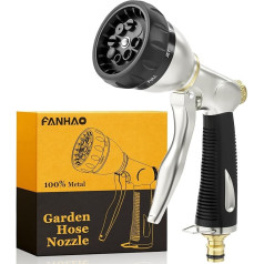 FANHAO Garden Hose Sprayer, Garden Shower 100% Metal with 8 Adjustable Spray Patterns, High Pressure Hose Nozzle with Non-Slip Handle for Watering Lawn, Washing Cars and Pets, Black