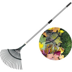 sourcing map Rechen für Blätter, 106,7 cm - 160 cm, 22 Zinken, verstellbar, für Garten, Blumenbeete, Rasen, Höfe Reinigung, Silber