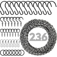 Metallkette zum Aufhängen, 600 cm, schwarze Ketten zum Aufhängen von Pflanzen, 12 × S-Haken, 12 × Schnallen, 12 × Ringe, 24 × Schraubhaken für Vogelfutterstation, Pflanzgefäß, Laterne, Windspiel,