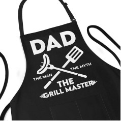 Funny Apron for Men - Dad The Man The Myth The Grill Master - Adjustable Large One Size Fits All - Poly/Cotton Apron with 2 Pockets - BBQ Apron for Dad, Husband, Boss, black