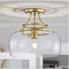 WUZUPS Lustra Rustic Farmhouse Industrial Semi Flush griestu gaisma LED gaisma ar caurspīdīga stikla toņos vannas istabas virtuves foajē ieeja H30 x W34 E27 Base Gold