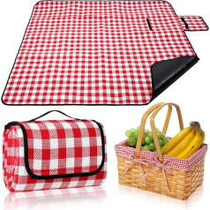 Picnic Basket Natural Woven Wood Chip Basket with Double Folding Handles with Gingham Fabric, Picnic Blanket, Handy Picnic Mat for Easter Camping on Grass Delivery