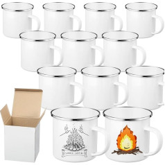 12 Pieces Sublimation Coffee Mugs Set White Enamel 12oz Camping Outdoor Tea Camping Drinking Cup Travel Metal Slim Cup with Silver Rim for Camping Picnic Office Home