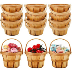 Marsui 10 Pieces Round Wooden Baskets Small Wooden Fruit Buckets with Handle Garden Harvest Basket Bush Basket Mini Picnic Basket Fruit Vegetable Storage Container 17cm High x 13cm Diameter