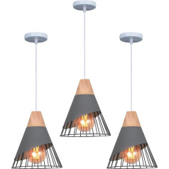 TOKIUS Modern Industrial Wood Pendant Light Shade Metal Vintage Cage Shape Ø25cm griestu gaismas E27 dizains virtuvei guļamistaba dzīvojamā istaba (pelēks, 3 gabali)