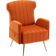 Aukwik Atpūtas krēsls ar samta pārvalku, ar metāla kājām un somu, polsterēts atpūtas krēsls Dzīvojamās istabas krēsls ar atzveltni, atpūtas krēsls līdz 136 kg celtspējai dzīvojamā istabā, oranžs