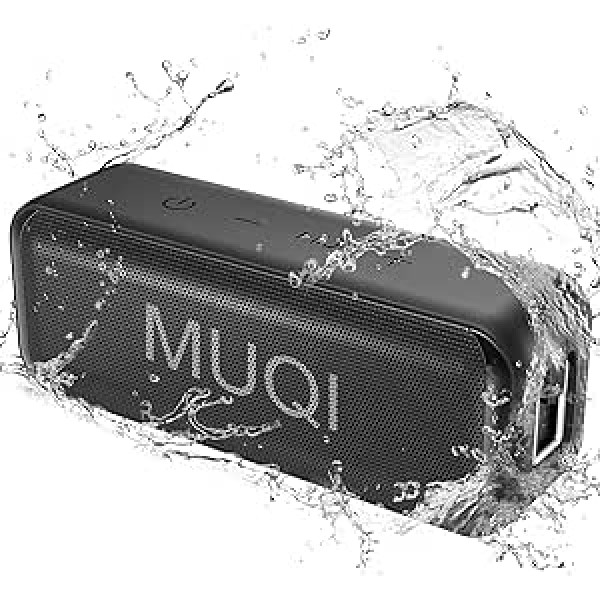 MUQI Bluetooth skaļrunis, mūzikas kaste ar IPX7 ūdensnecaurlaidību, bezvadu kārbas, 10 W intensīva stereo skaņa, 24 stundu atskaņošanas laiks, iebūvēts mikrofons, pārnēsājama kaste mājām, āra (melna)