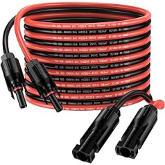 Saules baterijas kabelis 6 m 6 mm² Saules paneļa pagarinājuma kabelis 10AWG IP68 ūdensizturīgs adatera kabelis ar kontaktligzdu un kontaktdakšas savienojumu (6 m sarkans + 6 m melns)