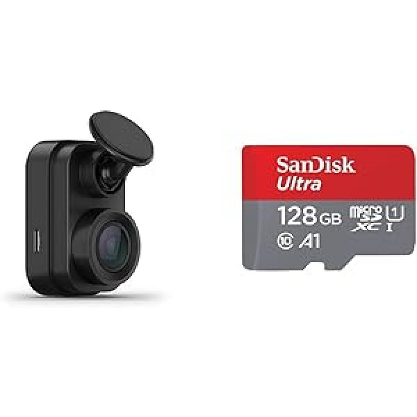 Garmin Dash Cam Mini 2 — īpaši kompakta paneļa kamera ar automātisku negadījumu noteikšanu un SanDisk Ultra Android microSDXC UHS-I atmiņas karte 128 GB + adapteris