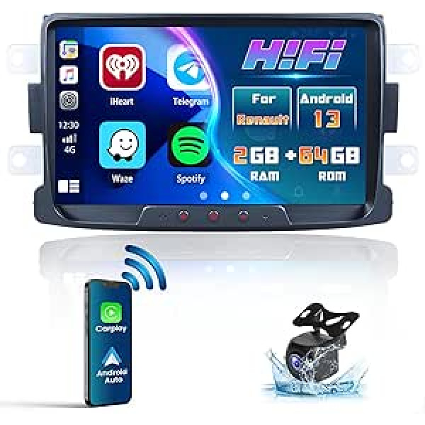 2+64G Hikity 8 collu Android 13 automašīnas radio ar satelīta navigācijas ierīci Renault Dacia Duster Sandero Logan Dokker bezvadu Apple Carplay automašīnas radio Bluetooth ar WiFi Mirror Link Android Car FM RDS SWC atpakaļgaitā