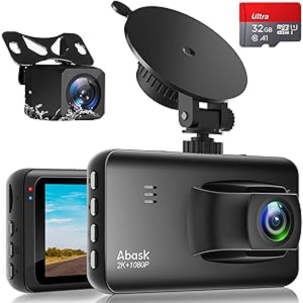 Abask M18 Dash Cam automašīnas priekšējā aizmugurējā dubultā 1080P FHD automašīnas kamera ar 320° platleņķa 3 collu ekrānu, G-sensoru, cilpas ierakstīšanu, WDR, parkošanās monitoru, kustības noteikšanu, nakts redzamību, maks. 128 GB a