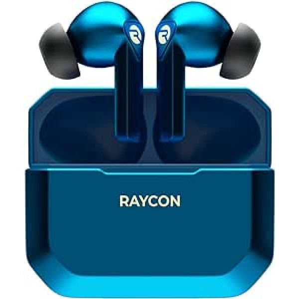 Raycon The Gaming Bluetooth True bezvadu austiņas ar iebūvētu mikrofonu, zemu latentumu, 31 stundu akumulatora darbības laiku, uzlādes kārbu, Bluetooth 5.0 (Cyber Blue)