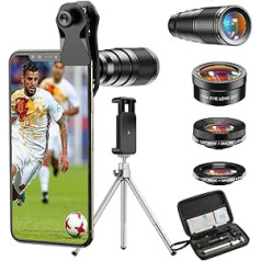 APEXEL HD mobilā tālruņa objektīvs 22x telefoto objektīvs + 25x makro objektīvs + 120° platleņķa objektīvs + 205° Fisheye 4-in-1 tālruņa objektīvu komplekts ar statīviem iPhone 11 Pro Huawei P30 Samsung