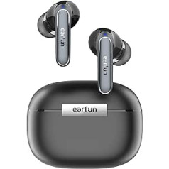 EarFun Air 2 bezvadu Bluetooth austiņas ausī, augstas izšķirtspējas audio, LDAC, 10 mm vilnas audio draiveris, EQ, 4 HD mikrozvani, Bluetooth 5.3, daudzpunktu, 40 stundu ilga akumulators, bezvadu uzlāde, spēles režīms,