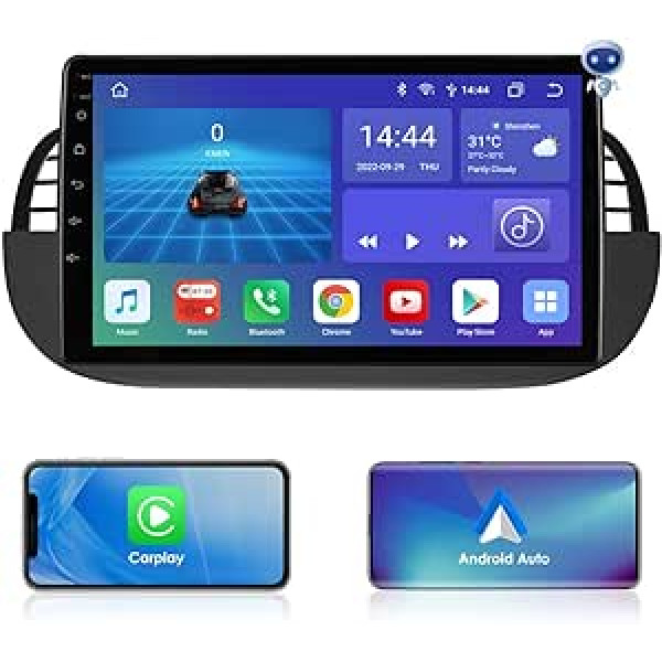 Ossuret automašīnas radio saderīgs ar Fiat 500 2007-2014, Android 12 GPS navigāciju ar Carplay/Android Car laikapstākļu displeju, stūres vadību, 8 kodolu UPC 6+64GB WiFi 4G LTE SWC spoguļa saiti (melns)