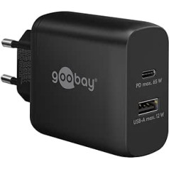 Goobay 65409 Dual Charger 65W / USB-C & USB-A ātrā lādētāja barošanas piegāde / uzlādes barošanas avots ar 2 USB portiem / lādētājs mobilajam tālrunim, iPad, planšetdatoram utt.