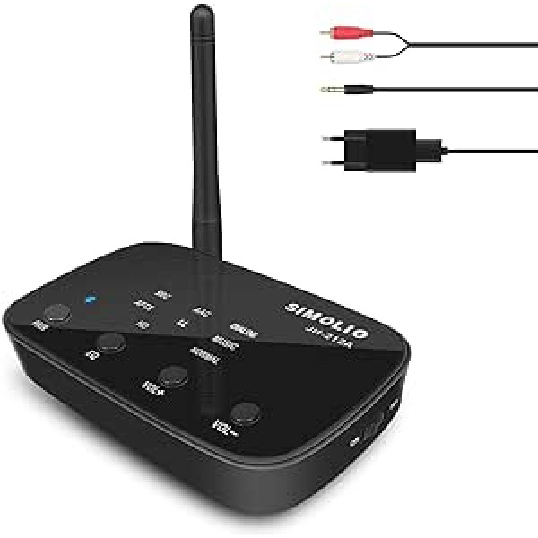 SIMOLIO JH-212A Bluetooth uztvērējs stereo sistēmai, Bluetooth audio adaptera uztvērējs ar RCA un 3,5 mm AUX, aptX Low Latency un aptX HD, līdz 197 pēdu liela darbības rādiusa