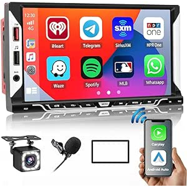 Hikity Double DIN Autroadio Bluetooth ar bezvadu Carplay Android Car Mirror Link, 7 collu automašīnas radio skārienjutīgs displejs ar ekrānu FM radio USB AUX SWC atpakaļgaitas kameru