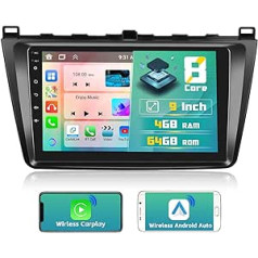 Hikity 8 kodolu dubultā DIN Android automašīnas radio, kas paredzēts Mazda 6 Rui Wing 2007-2012 ar bezvadu CarPlay Android Car, 4 + 64 GB, 9 collu IPS skārienekrāna automašīnas radio Bluetooth ar satelīta navigācijas sistēmu RDS DSP atpakaļ