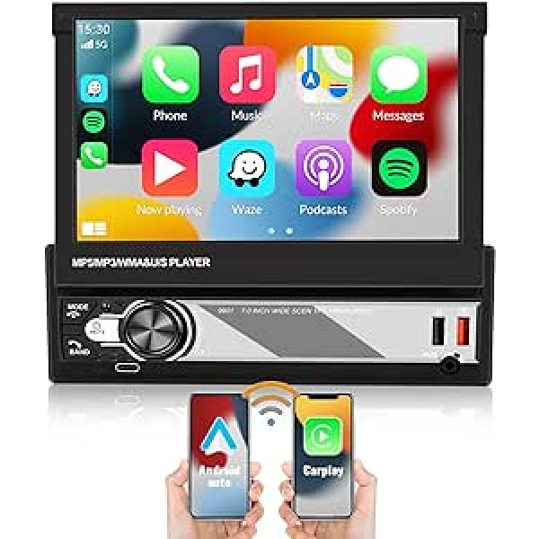 Jauninājums bezvadu režīmā: CAMECHO 1 DIN Carplay/Android automašīnas radio ar ekrānu, 7 collu motorizēts ievelkams skārienekrāna automašīnas radio Bluetooth ar spoguļa saiti/USB/AUX/FM + atpakaļgaitas kameru