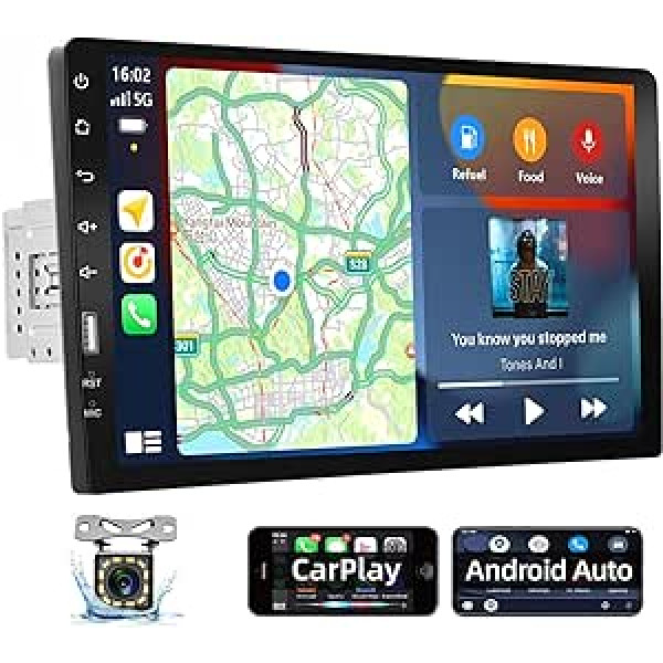 Podofo 1 DIN automašīnas radio ar Apple Carplay un Android Car 9 collu viena DIN automašīnas radio ar ekrānu automašīnas radio ar Bluetooth/FM radio/SWC/spoguļa saiti/USB + atpakaļgaitas kameru un mikrofonu