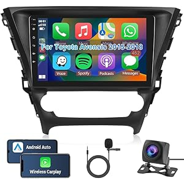 Hodozzy Android Car Radio priekš Toyota Avensis 2015-2018 Apple Carplay Wireless Android Car, Radio 10,1 Inch Touchscreen Radio Bluetooth HiFi Navigation WiFi RDS atpakaļgaitas kamera 2 DIN Screen for