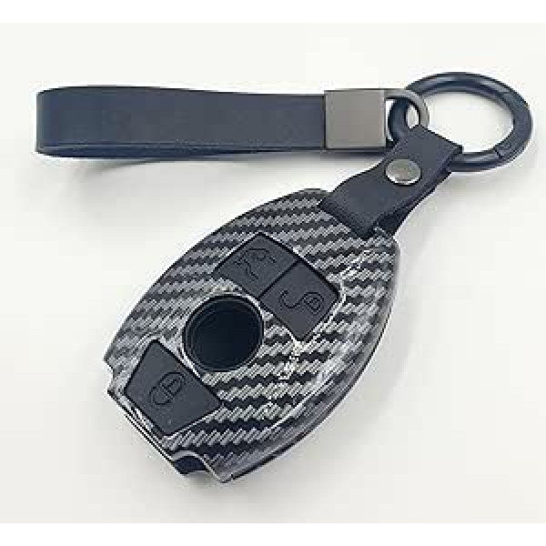 BizTech ® automašīnas atslēgas futrālis, kas saderīgs ar Mercedes Benz Carbon Fiber Effect Smart Key Fob automašīnas tālvadības korpusu + atslēgu piekariņš un karabīnes klipsi (melns, A stils)