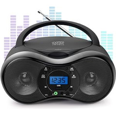 Nešiojamas CD grotuvas Boombox, JOVELL nešiojamas radijas su CD grotuvu vaikams ir suaugusiems, 4W Boombox stereo sistema su FM radiju, USB įvestis, Aux įvestis, ausinių lizdas (juodas)