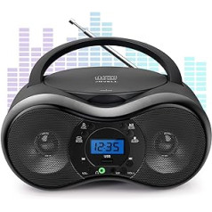 Pārnēsājams CD atskaņotājs Boombox, JOVELL portatīvais radio ar CD atskaņotāju bērniem un pieaugušajiem, 4W Boombox stereo sistēma ar FM radio, USB ieeja, papildu ieeja, austiņu ligzda (melna)