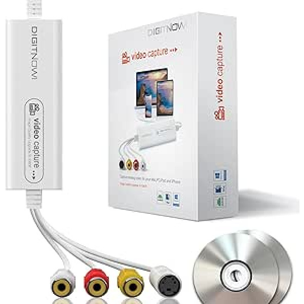 DIGITNOW! USB 2.0 video tveršanas karte, VHS VCR TV uz DVD pārveidotājs, atbalsts operētājsistēmai Mac OS X PC Windows 7 8 10 White Medium